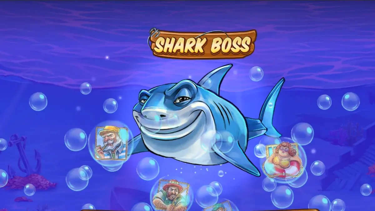 Tampilan layar permainan slot Shark Boss dengan hiu di atas perahu